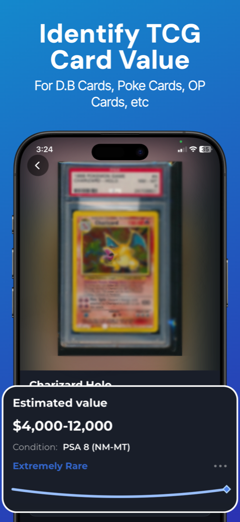 Scanner Dex App Store example showing a Charizard card and estimated value